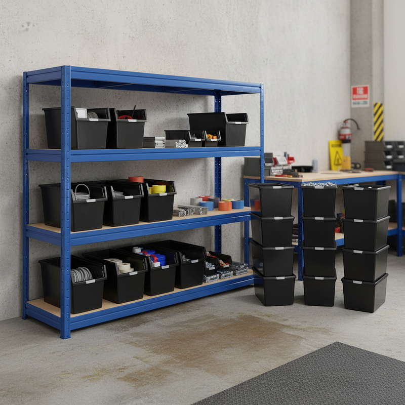 3x Premium Heavy Duty Shelving - 1770mm High with 12x 62L Plastic Storage Boxes