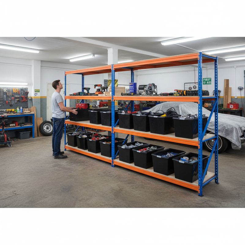 3x Heavy Duty Shelving - 1800mm High - Blue & Orange with 12x 62L Plastic Storage Boxes