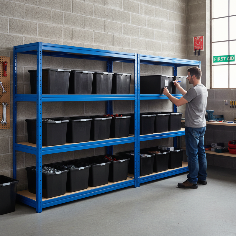 2x Heavy Duty Shelving - 1770mm High - Blue with 12x 37L Plastic Storage Boxes