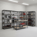 4 Heavy Duty Shelving Units - 1800mm High & 1 Professional Workbench - 1600mm Wide - Grey