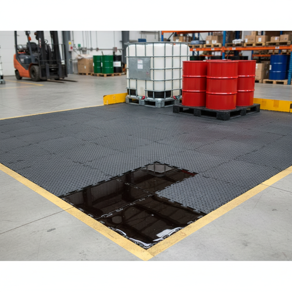 Premium Interlocking Tuff Base Tiles for Fuel and Chemical Spill Conta