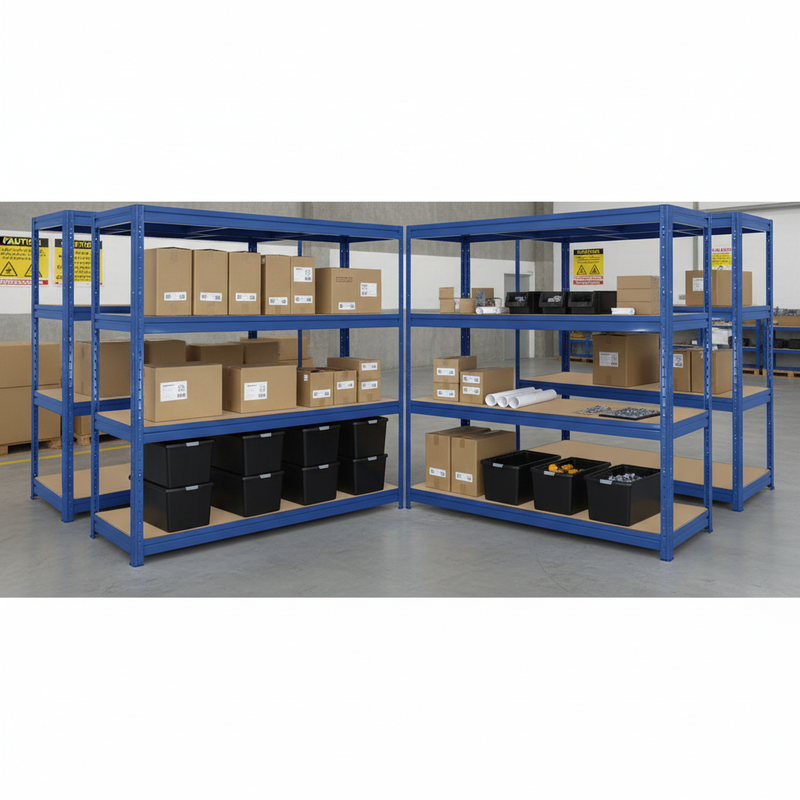 4x Premium Heavy Duty Shelving - 1770mm High - Blue with 12x 62L Plastic Storage Boxes