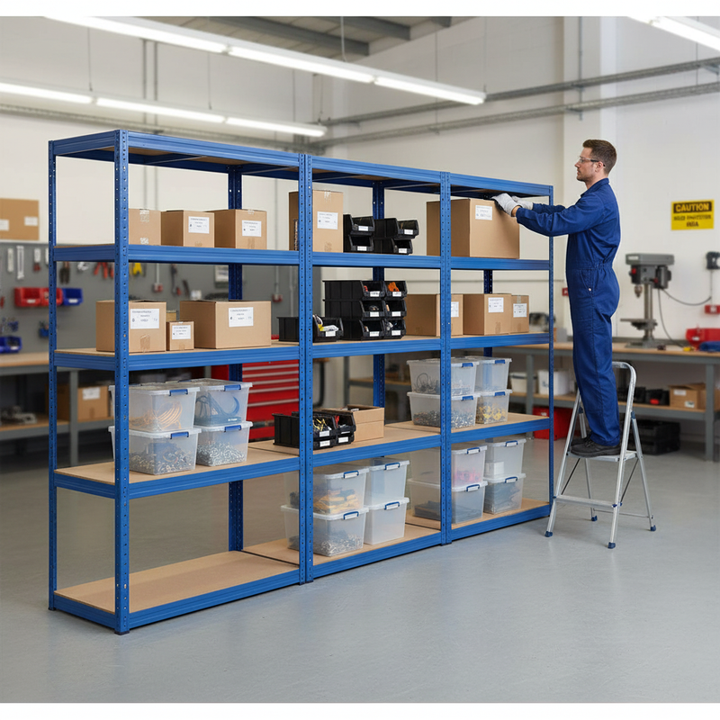 4x Heavy Duty Shelving Units - 2130mm High - Blue with 8x 33.5L Storage Boxes