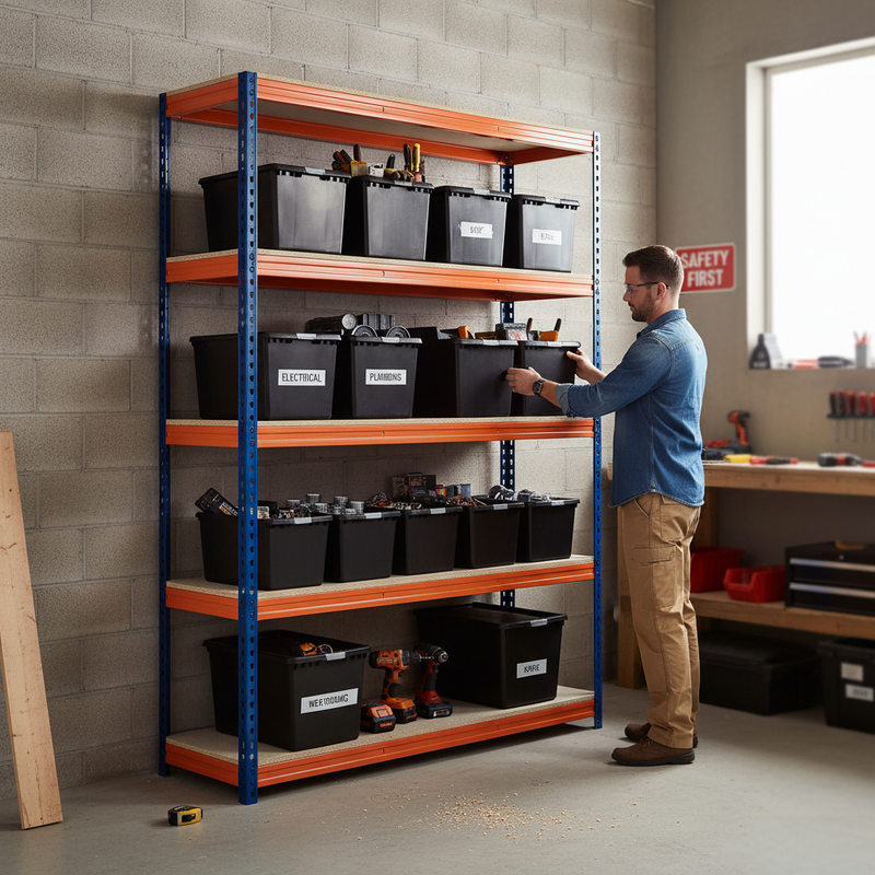 Premium Heavy Duty Shelving - 1600mm High - Blue & Orange with 8x 62L Plastic Storage Boxes
