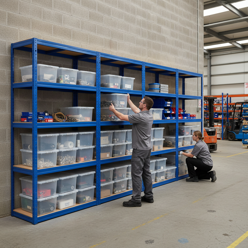 4x Heavy Duty Shelving Units - 1800mm High - Blue with 12x 60L Plastic Storage Boxes