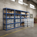 3x Heavy Duty Shelving Units - 2130mm High - Blue with 12x 33.5L Storage Boxes