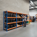 4x Heavy Duty Shelving - 2200mm High - Blue & Orange with 12x 62L Plastic Storage Boxes