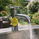 Caution Very Hot Water Labels – 65mm Diameter – Self Adhesive Vinyl – Indoor/Outdoor Use