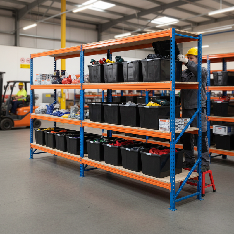 3x Heavy Duty Shelving - 2200mm High - Blue & Orange with 12x 62L Plastic Storage Boxes