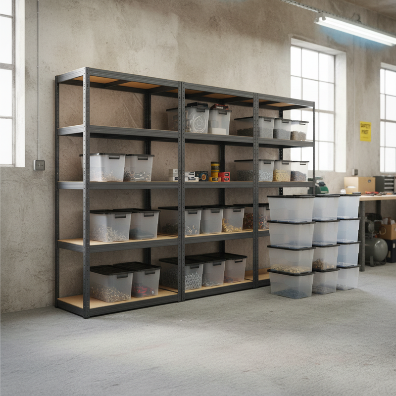 3x Heavy Duty Shelving Units - 1800mm High - Grey with 12x 24L Storage Boxes