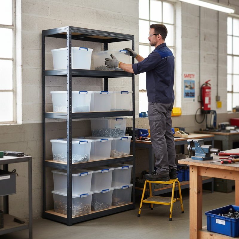 Heavy Duty Shelving Unit - 2130mm High - Grey with 12x 33.5L Storage Boxes