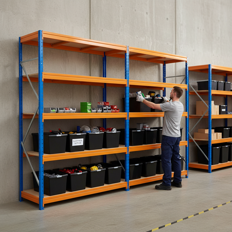 2x Premium Heavy Duty Shelving - 1770mm High - Blue & Orange with 12x 62L Plastic Storage Boxes