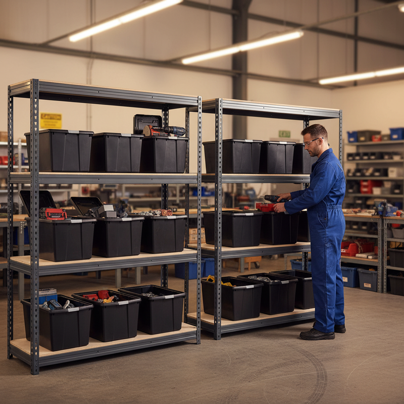 Heavy Duty Shelving with 12x 62L Plastic Storage Boxes - 1800mm High