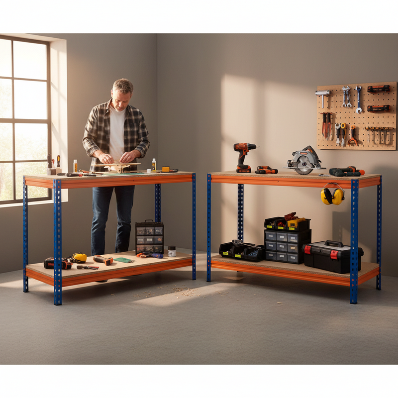 Premium Heavy Duty Workbenches - 915mm High - 400kg Capacity - Chipboard - Blue/Orange