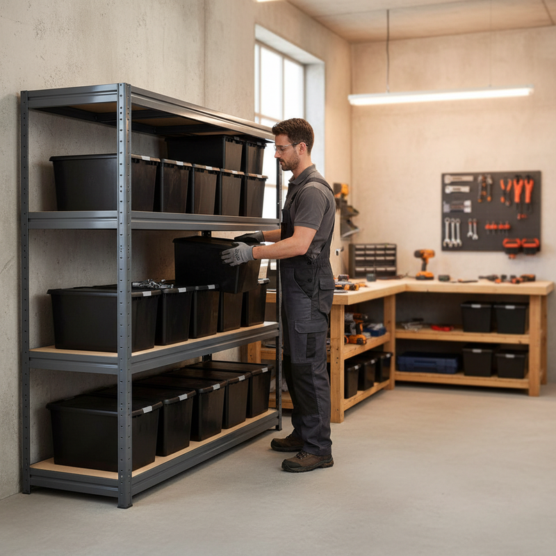 2x Heavy Duty Shelving - 1770mm High - Grey with 12x 37L Plastic Storage Boxes