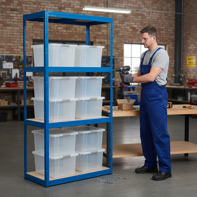 Heavy Duty Shelving Unit - 1600mm High with 8x 60L Plastic Storage Boxes