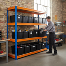 2x Heavy Duty Shelving - 1770mm High - Blue & Orange with 8x 62L Plastic Storage Boxes