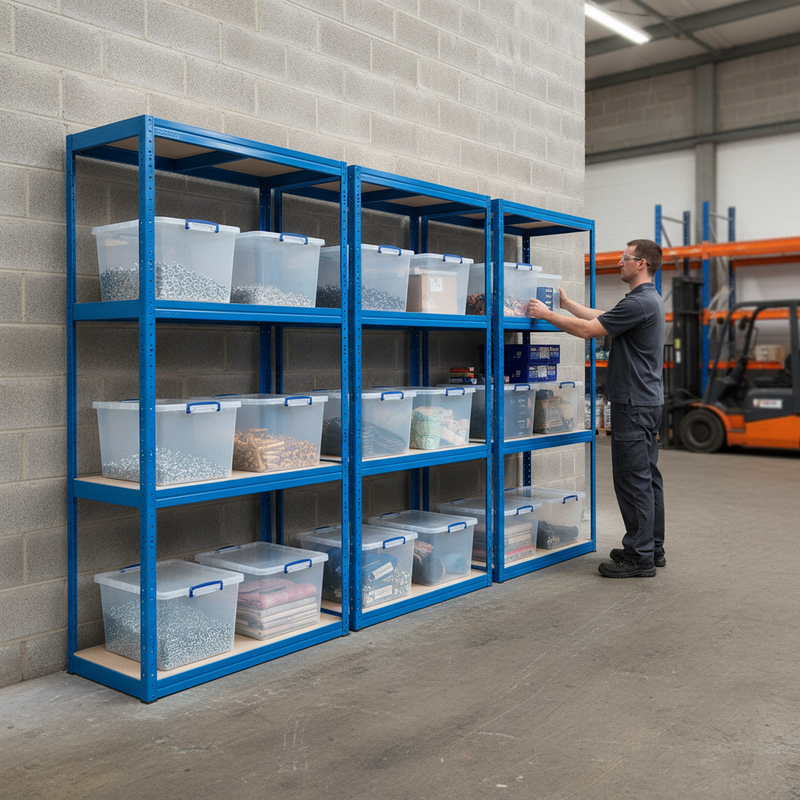 4 Premium Shelving Units - 1600mm High - Blue with 12x 33.5L Storage Boxes