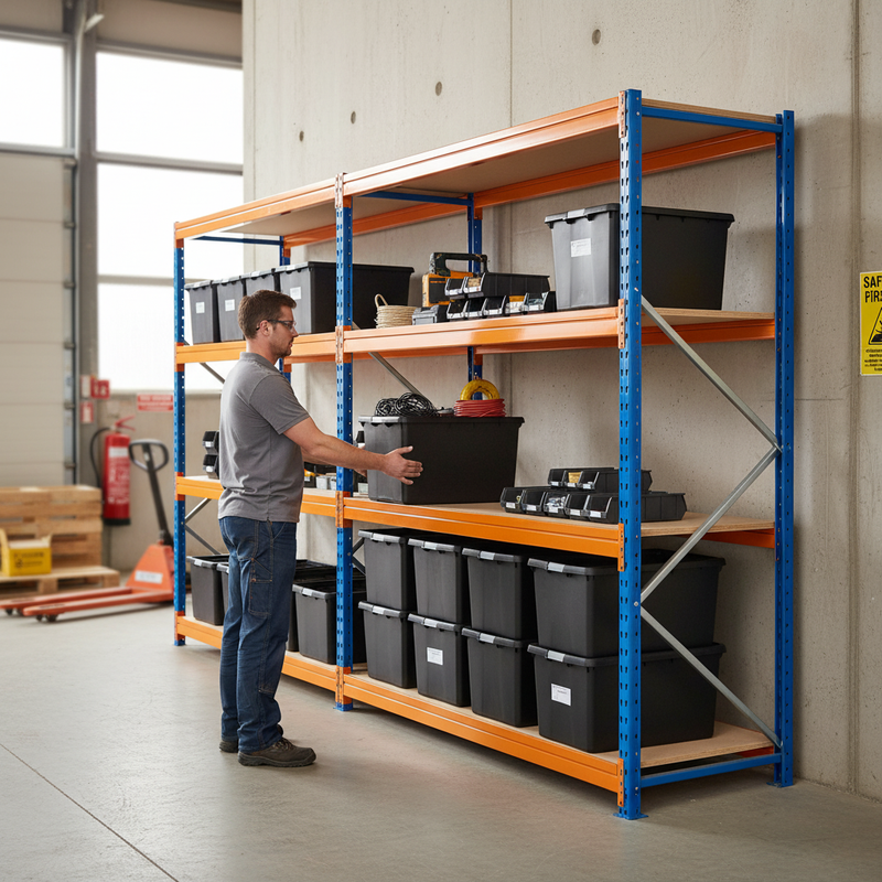 Premium Heavy Duty Shelving - 1770mm High - Blue & Orange with 12x 37L Plastic Storage Boxes