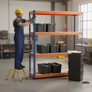 2x Heavy Duty Shelving - 2000mm High - Blue & Orange with 8x 37L Plastic Storage Boxes