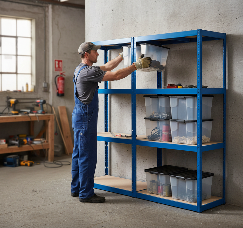 2x Heavy Duty Shelving Units - 1600mm High - Blue with 8x 24L Plastic Storage Boxes