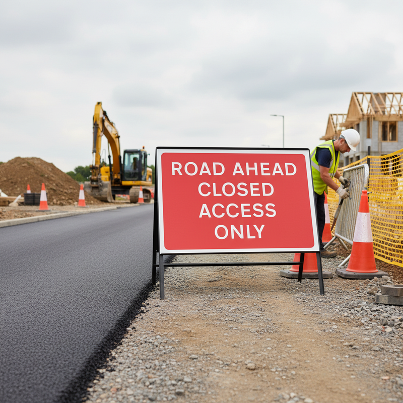 Premium Road Ahead Closed Access Only Sign - 1050x750mm Metal Construc