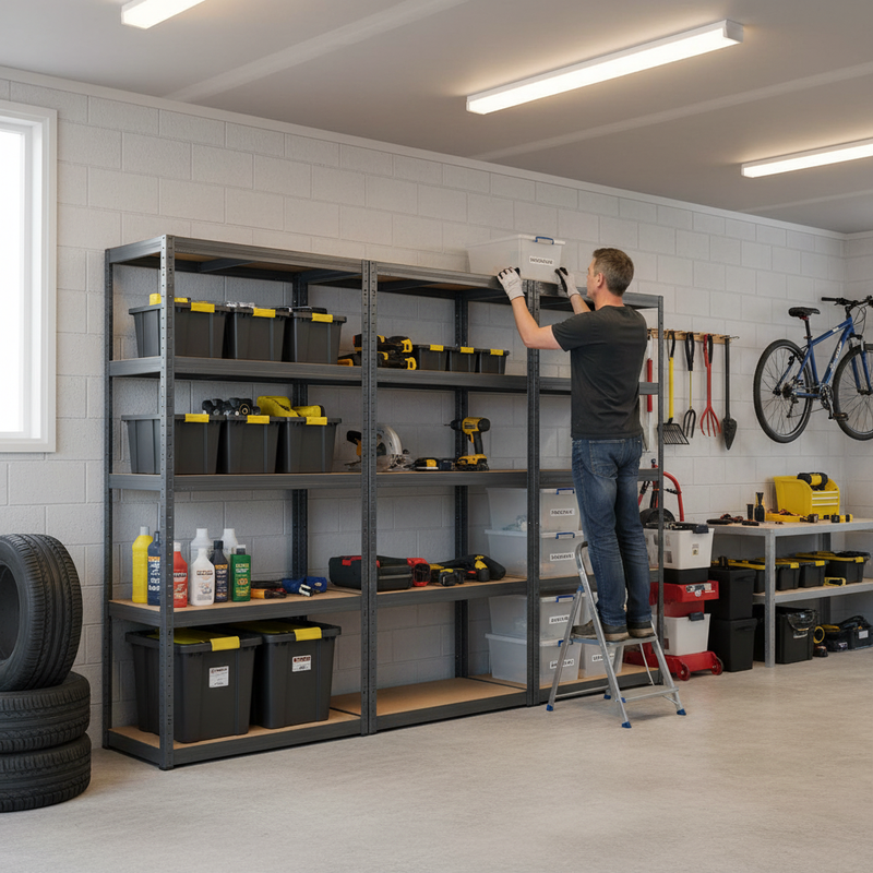 3x Heavy Duty Shelving Units - 2130mm High - Grey with 8x 33.5L Storage Boxes