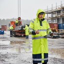 High-Performance Hi-Vis Yellow/Navy Blue Raincoat with Windproof and Waterproof Features, Adjustable Cap and Sleeve Closure