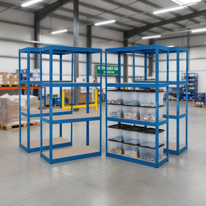 4x Heavy Duty Shelving Units - 1600mm High with 12x 24L Plastic Storage Boxes