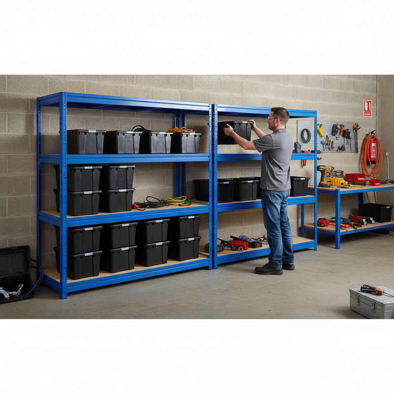4x Premium Heavy Duty Shelving - 1770mm High - Blue with 12x 37L Plastic Storage Boxes