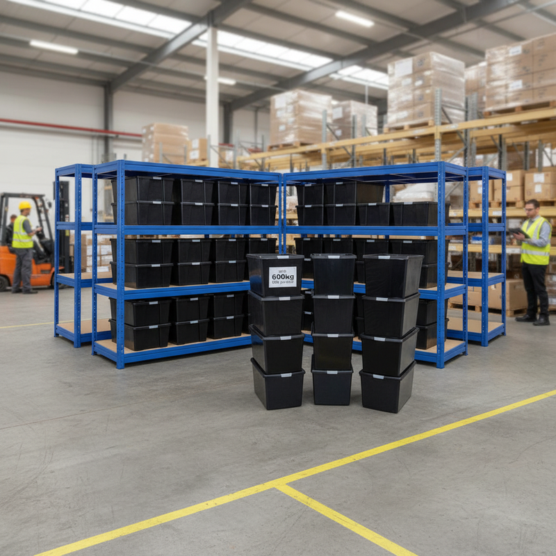 4x Premium Heavy Duty Shelving - 1770mm High - Blue with 12x 62L Plastic Storage Boxes