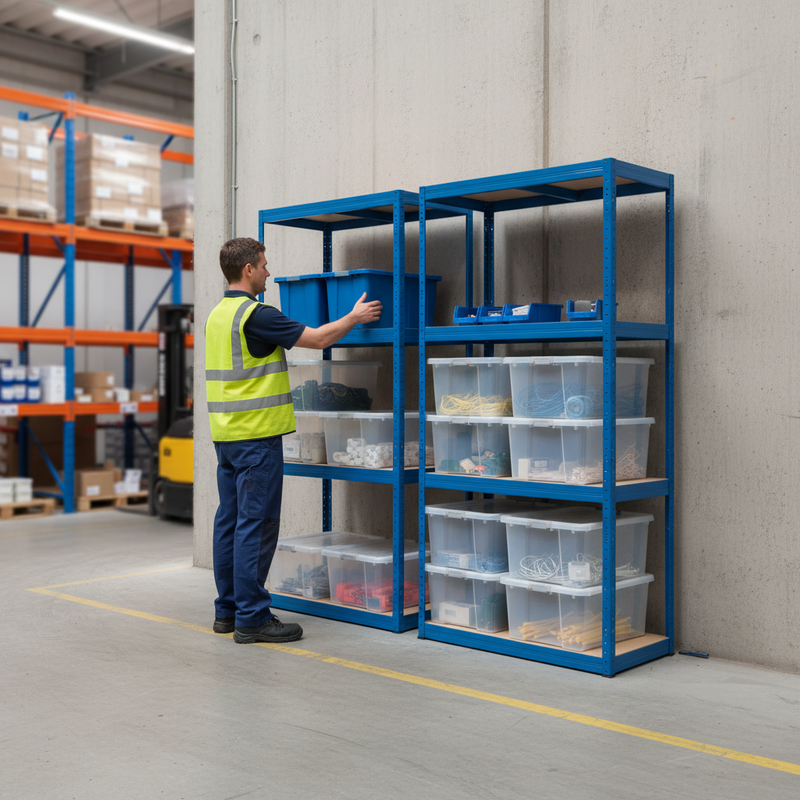 4 Heavy Duty Shelving Units with 8x 60L Plastic Storage Boxes - 1600mm High