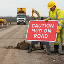 Premium Caution Mud On Road Sign 1050x750mm - Heavy Duty Reflective Traffic Management Kit with Quick Installation Frame