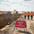 Premium Danger Deep Excavation Sign - Heavy Duty Metal with Retroreflective Face, 1050x750mm Size for Safety Warning