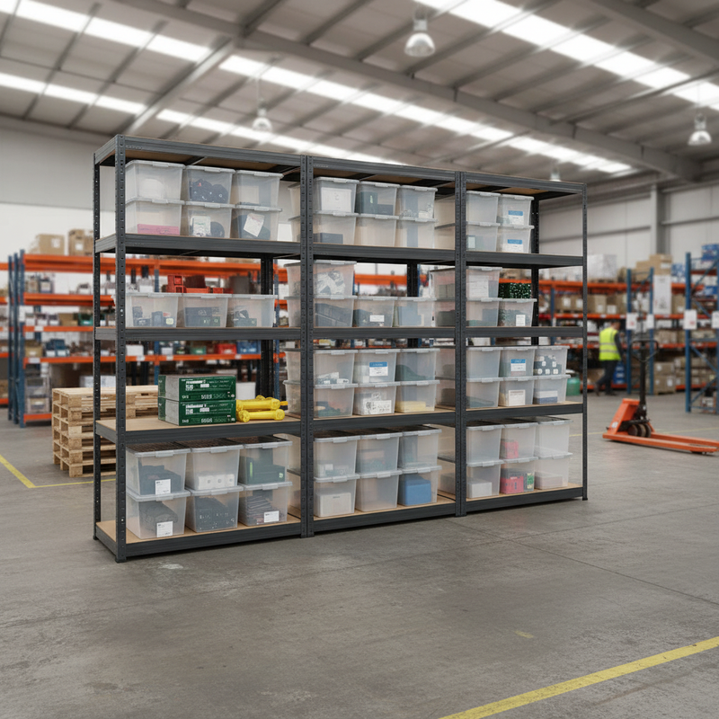 3x Heavy Duty Shelving Units - 1800mm High - Grey with 20x 37L Plastic Storage Boxes