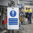Lock Out Here Before Working On Equipment Double Sided Safety Tag (Pack of 10) – 80mm x 150mm – Matt PVC – Industrial Use