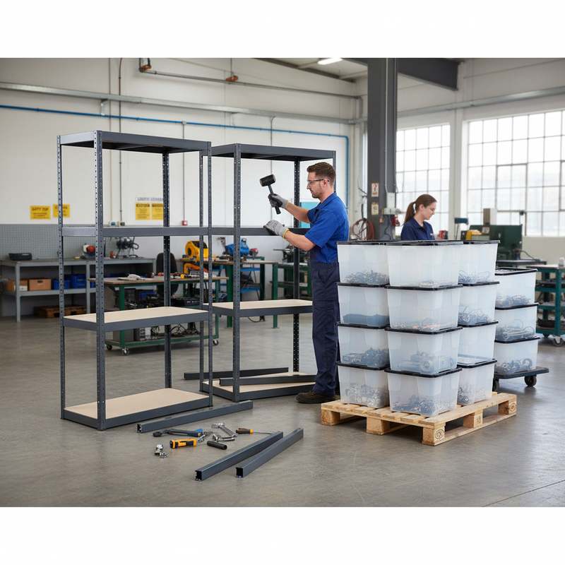 4x Heavy Duty Shelving Units - 1600mm High - Grey with 12x 24L Storage Boxes