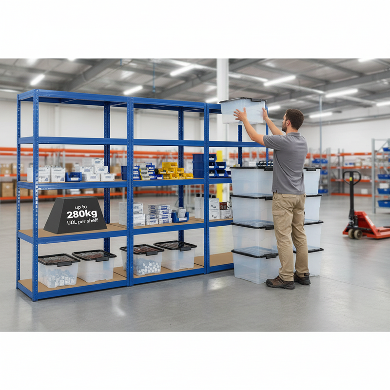 Heavy Duty 3x Shelving Units - 1800mm High with 8x 24L Plastic Storage Boxes