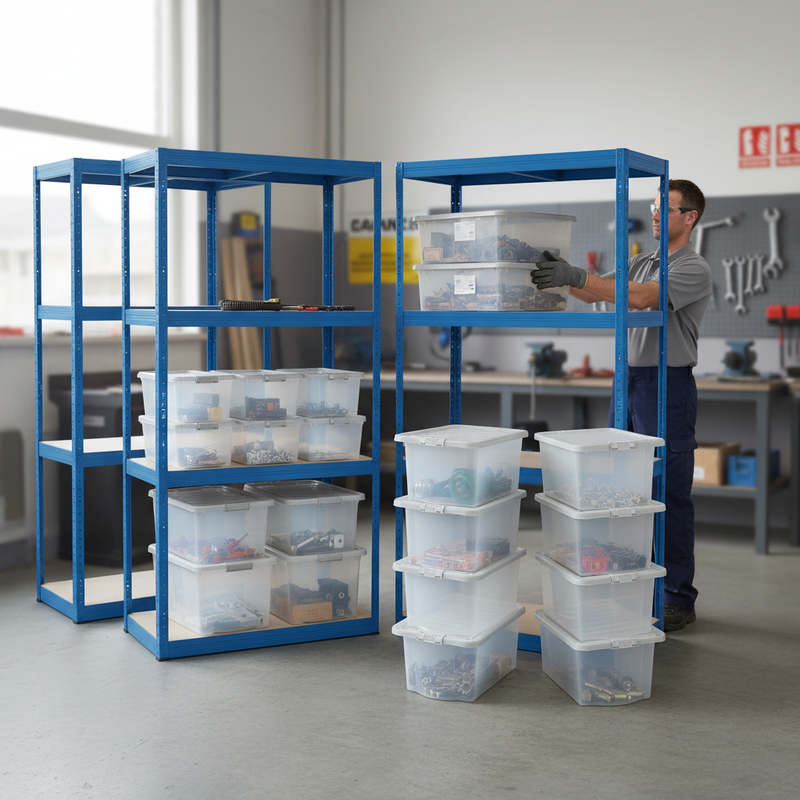 4 Heavy Duty Shelving Units with 8x 60L Plastic Storage Boxes - 1600mm High