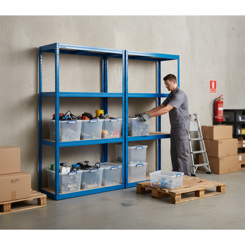 4 Heavy Duty Shelving Units - 1600mm High - Blue with 8x 33.5L Storage Boxes