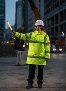 Premium High Visibility Fleece Lined Traffic Jacket with Concealed Hood and Heavy Duty Zip Front