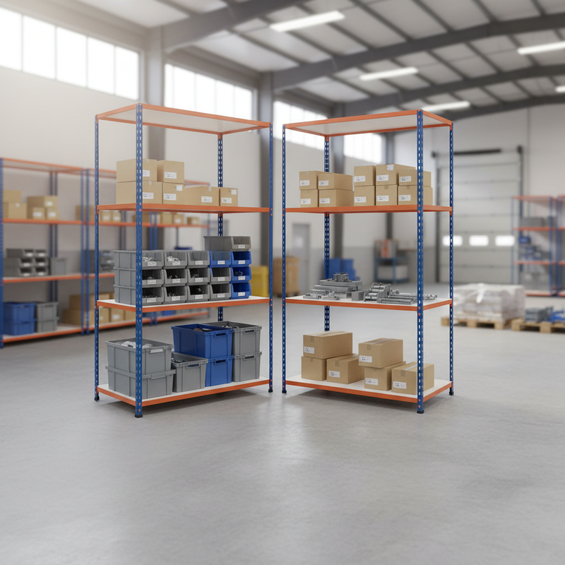 Premium 4x Industrial Shelving - 2440mm High - 340kg Capacity - Melamine - Blue & Orange