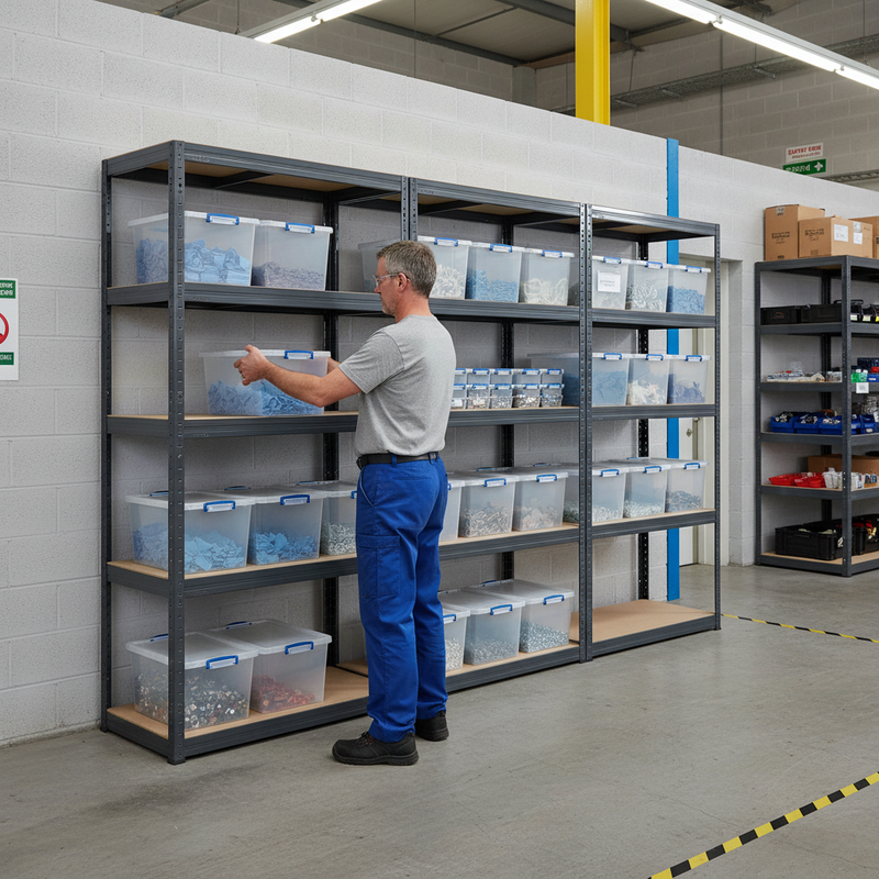 3x Heavy Duty Shelving Units - 2130mm High - Grey with 12x 33.5L Storage Boxes