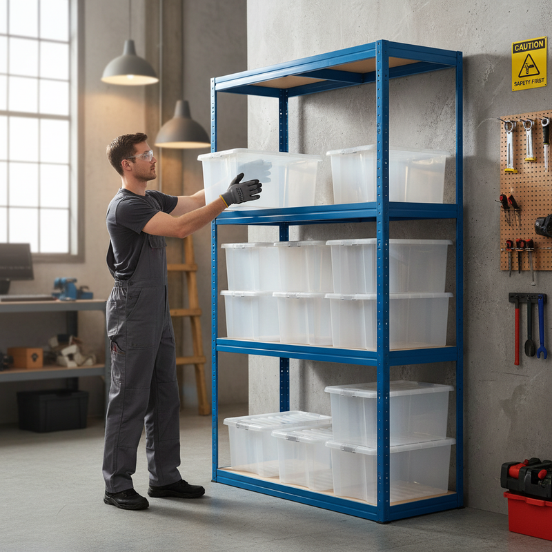 Premium Heavy Duty Shelving Unit - 1600mm High with 12x 60L Plastic Storage Boxes