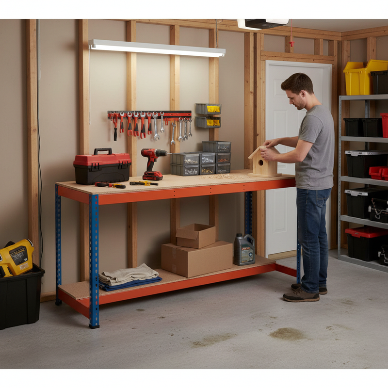 Premium Workbench with Lower Half Shelf - 915mm Height - 400kg Capacity - Chipboard - Blue/Orange