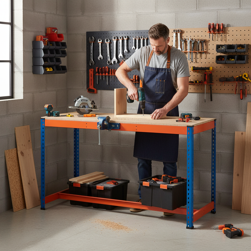 Premium T-Bar Workbench - 915mm High - 800kg Capacity - Chipboard - Blue/Orange