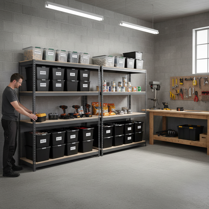 4x Heavy Duty Shelving Units - 1800mm High - Grey with 12x 62L Plastic Storage Boxes