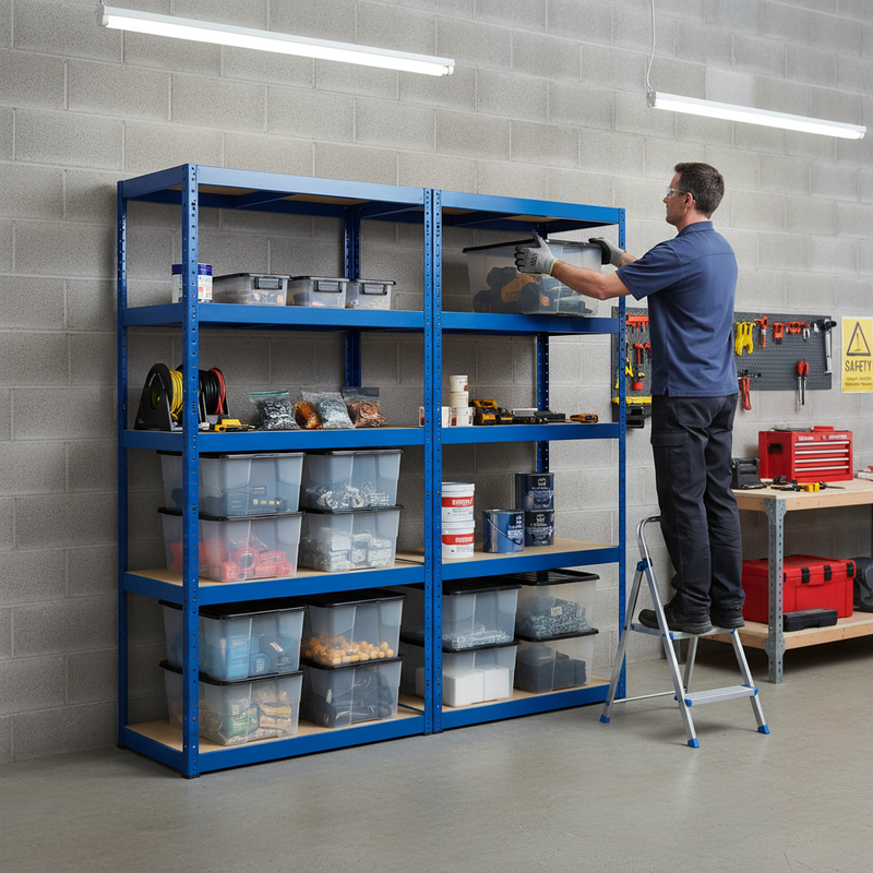 Premium 2x Shelving Units - 1800mm High - Blue with 12x 24L Storage Boxes