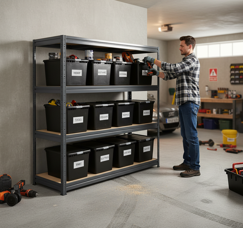 Premium Heavy Duty Shelving with 8x 37L Plastic Storage Boxes - 1770mm High - Grey