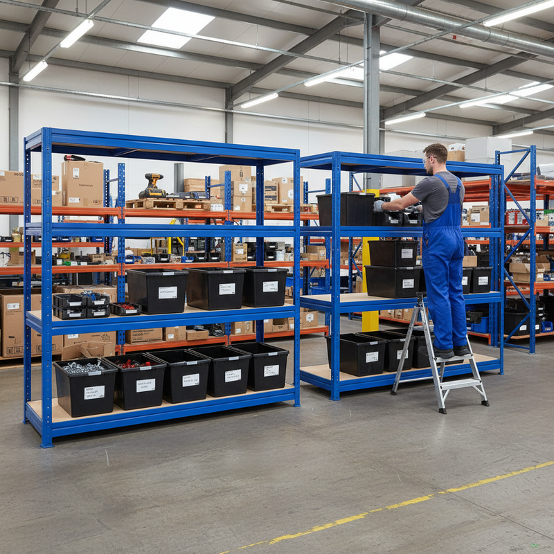 2x Premium Heavy Duty Shelving - 1770mm High - Blue with 8x 62L Plastic Storage Boxes